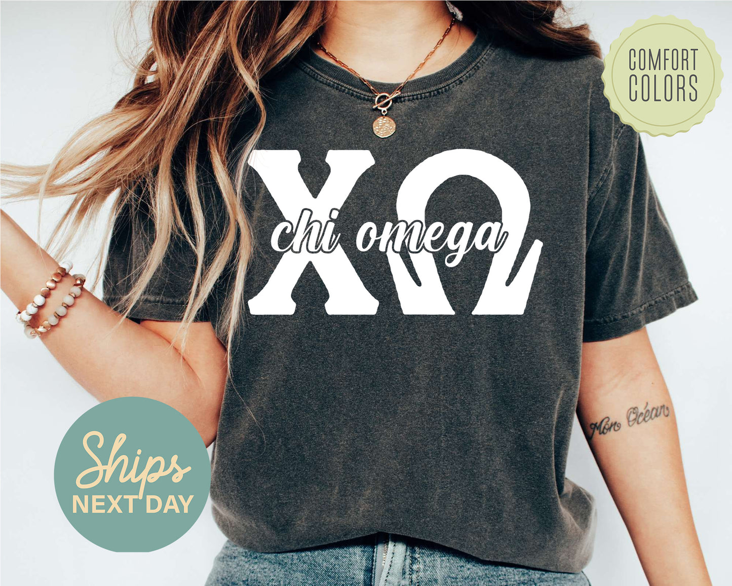 Chi Omega Sliced White Letters Comfort Colors Sorority T-shirt _ 2247g
