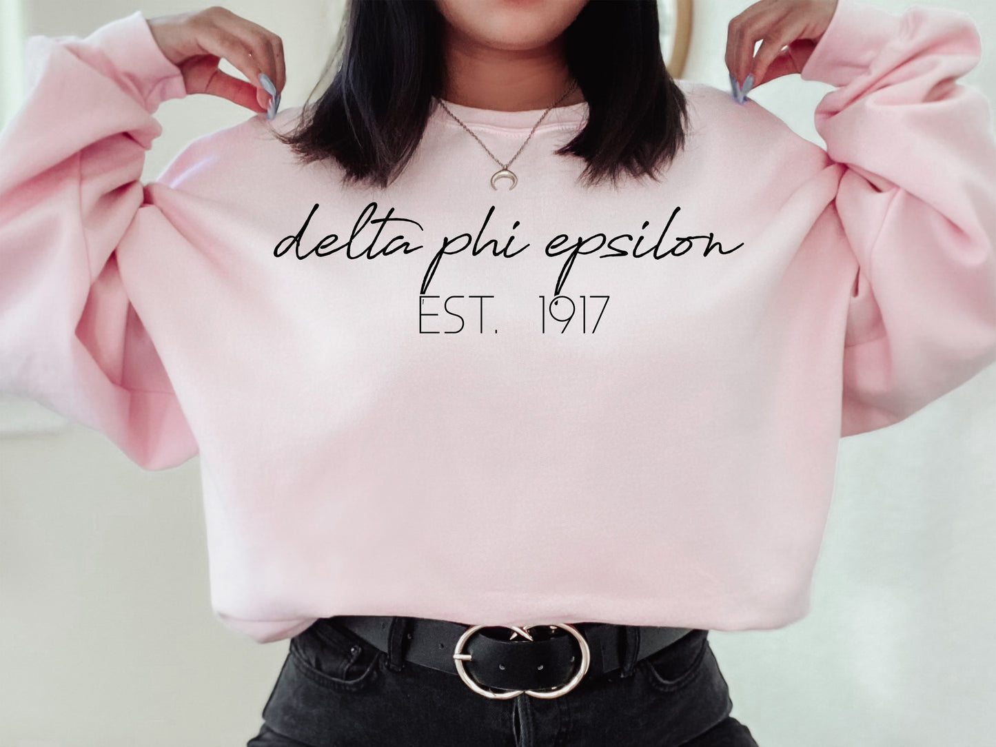 Delta Phi Epsilon Black Calligraphy Sorority Sweatshirt _ 2329g