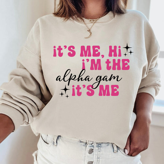 a woman wearing a sweatshirt that says it's me, i'm the