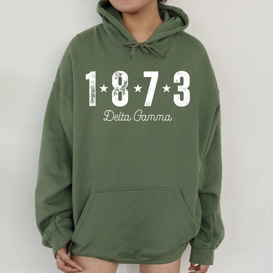 a woman wearing a green hoodie with a white print on it