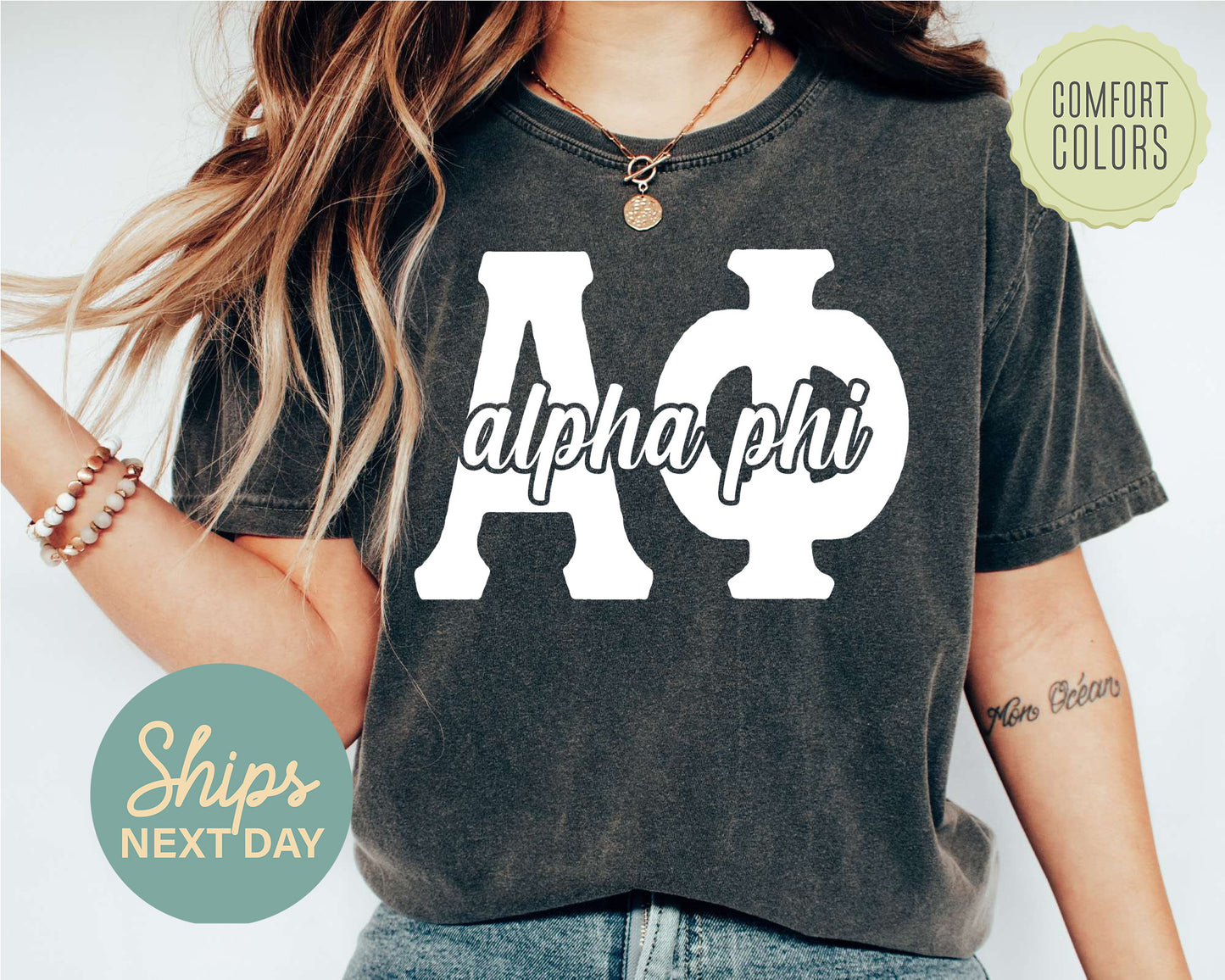 Alpha Phi Sliced White Letters Comfort Colors Sorority T-shirt _ 2243g