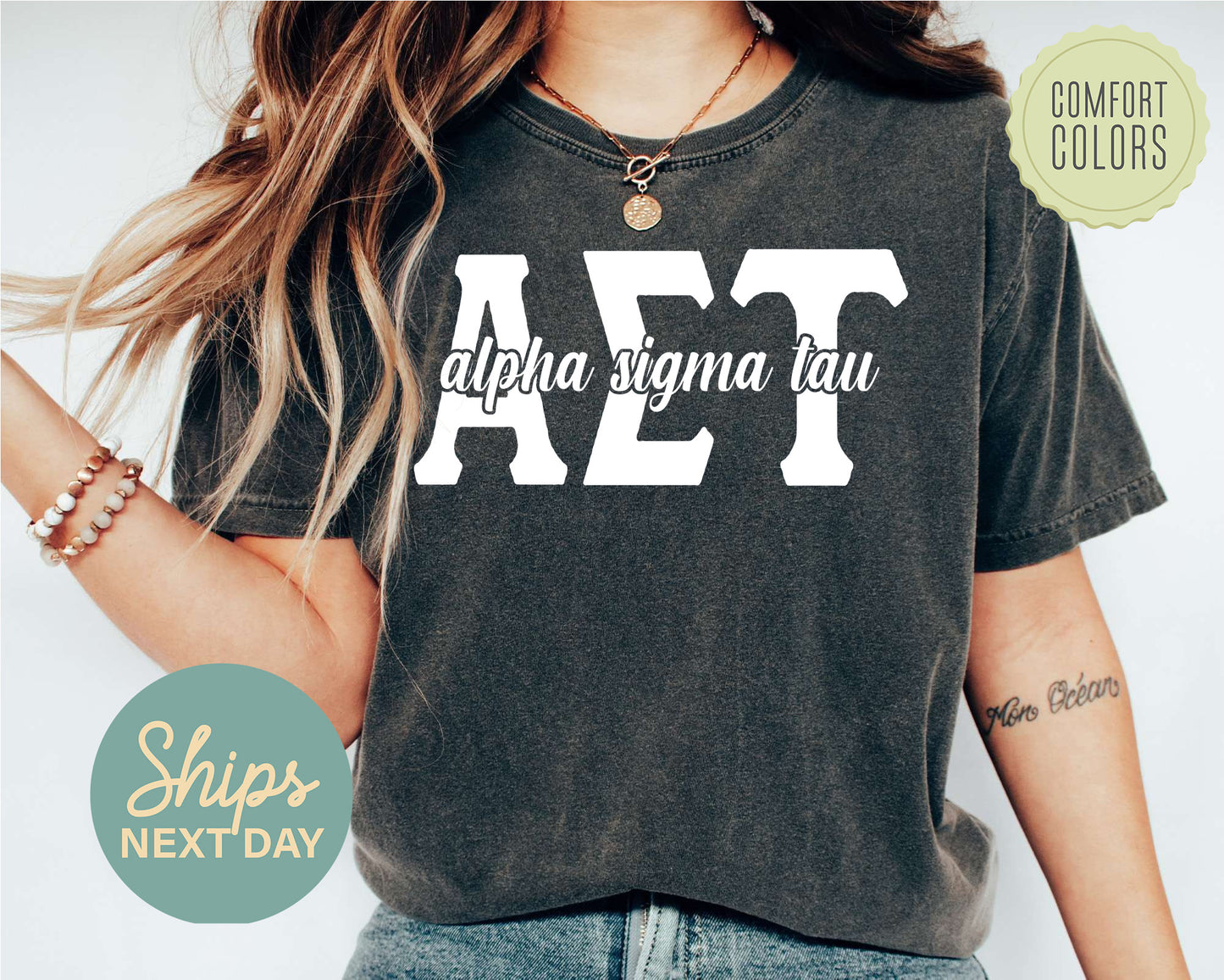 Alpha Sigma Tau Sliced White Letters Comfort Colors Sorority T-shirt _ 2245g