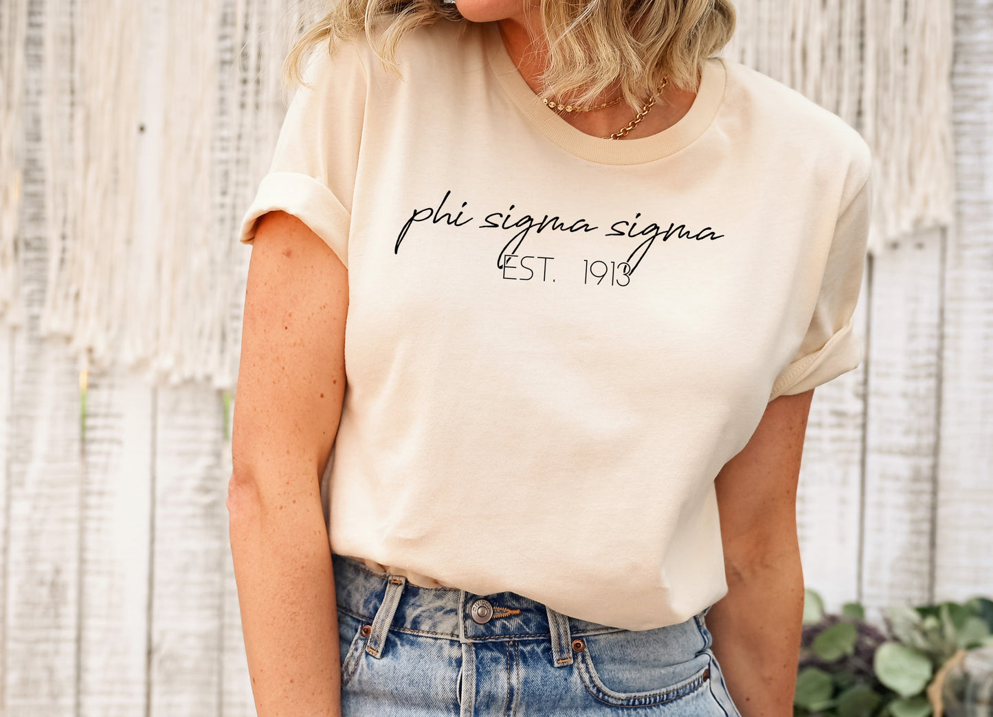 Phi Sigma Sigma Black Calligraphy Sorority T-shirt _ 2336g