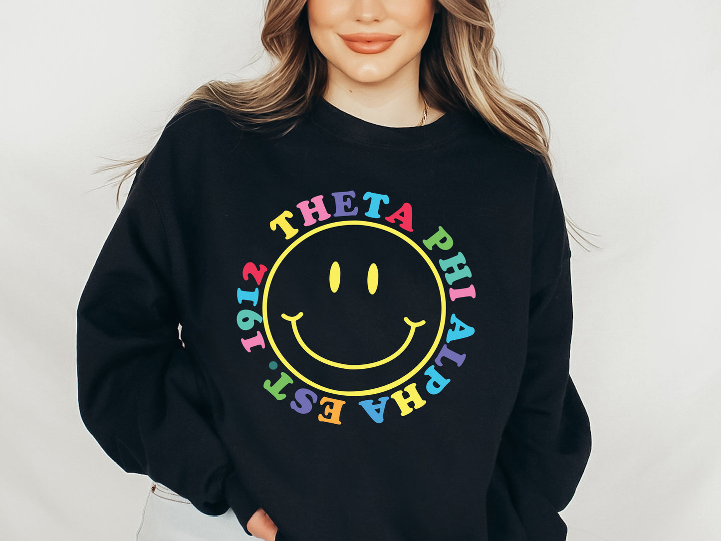 Theta Phi Alpha Radiating Smiley Face Sorority Sweatshirt _ 3253g