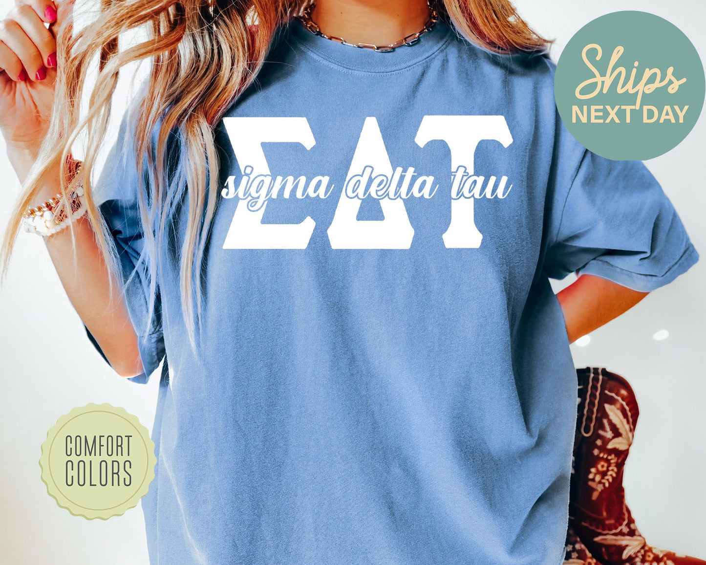 Sigma Delta Tau Sliced White Letters Comfort Colors Sorority T-shirt _ 2259g