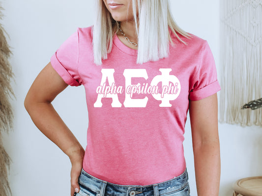 Alpha Epsilon Phi Sliced White Letters Sorority T-shirt _ 2240g