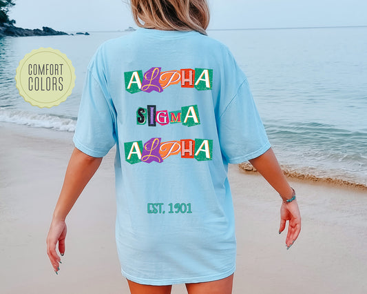 Alpha Sigma Alpha Letter Cuts Comfort Colors Sorority T-shirt _ 35893g