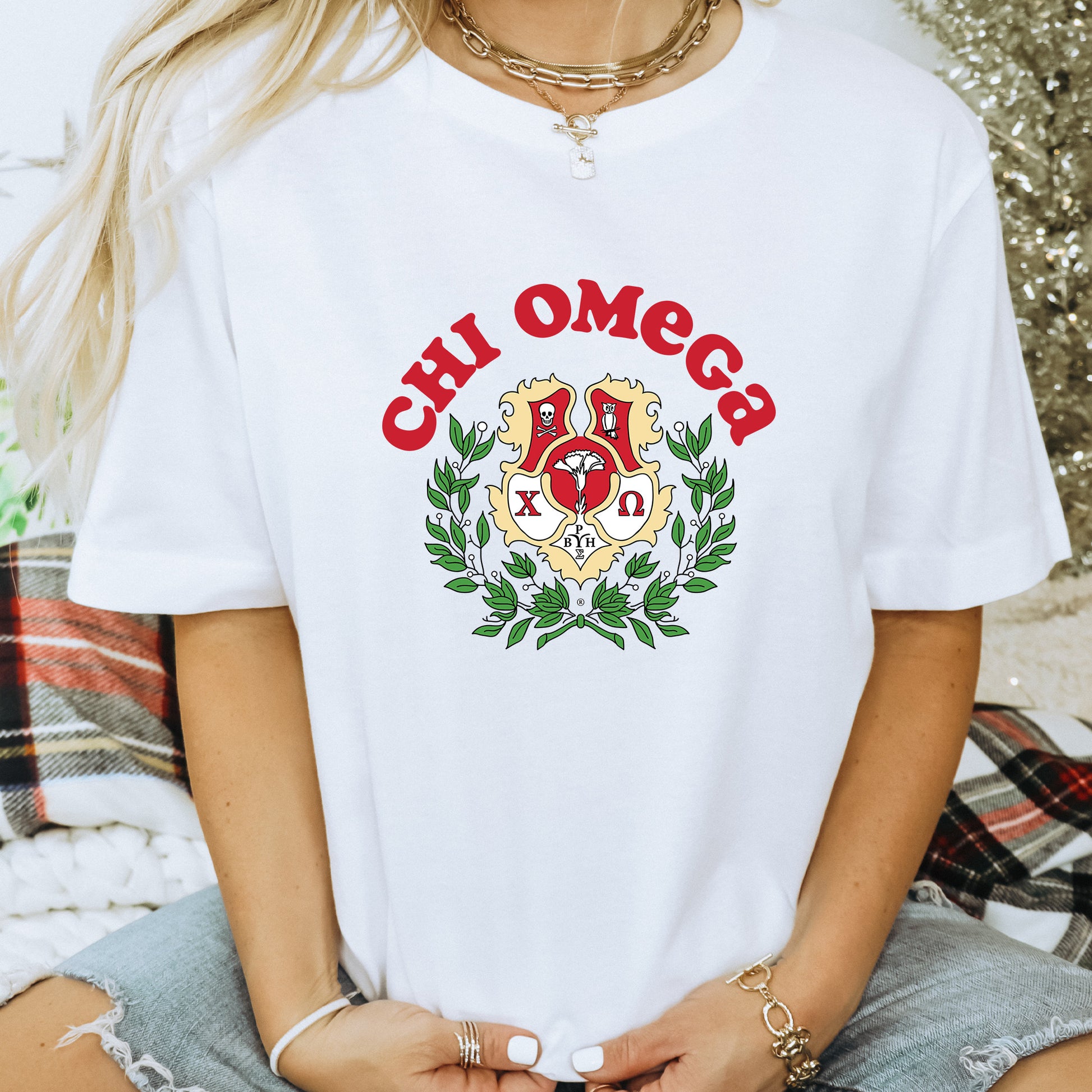 a woman wearing a white shirt with the word oh omeg on it