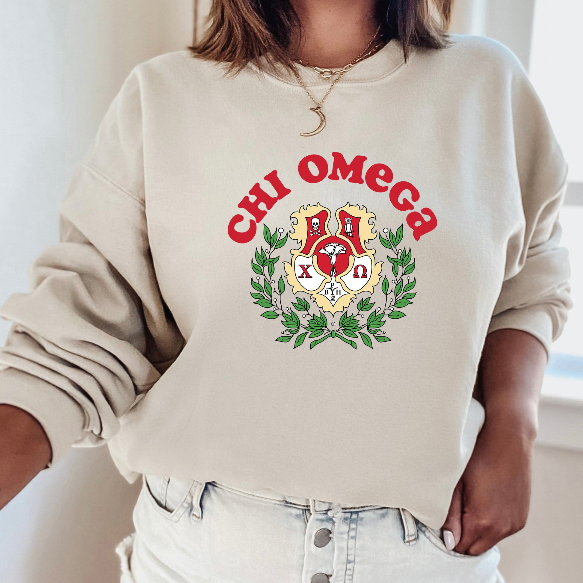 a woman wearing a sweatshirt that says oh omegg