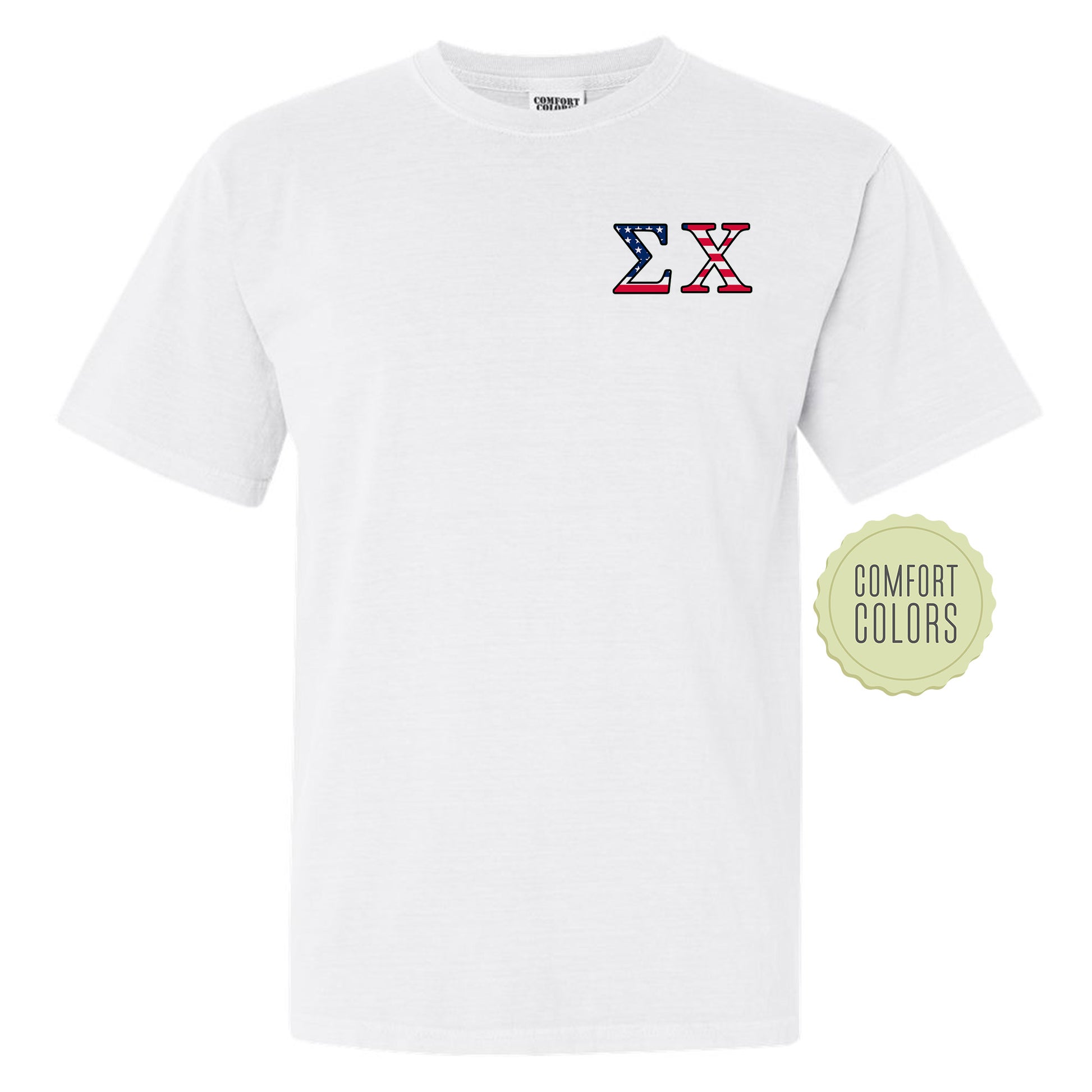 a white t - shirt with a red, white and blue design