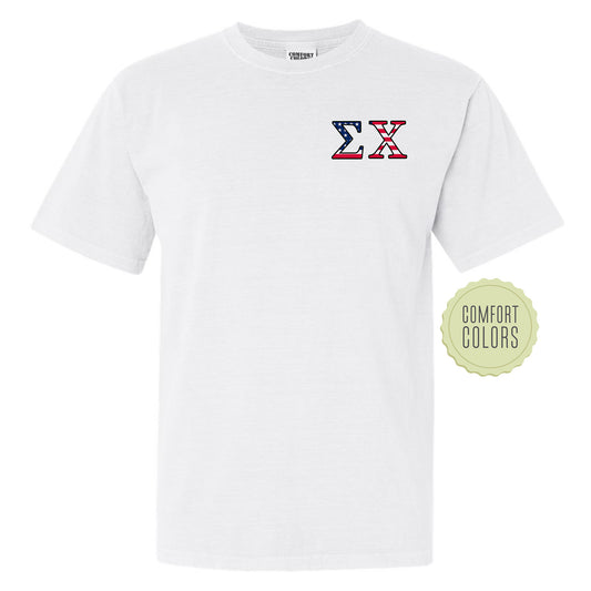 a white t - shirt with a red, white and blue design