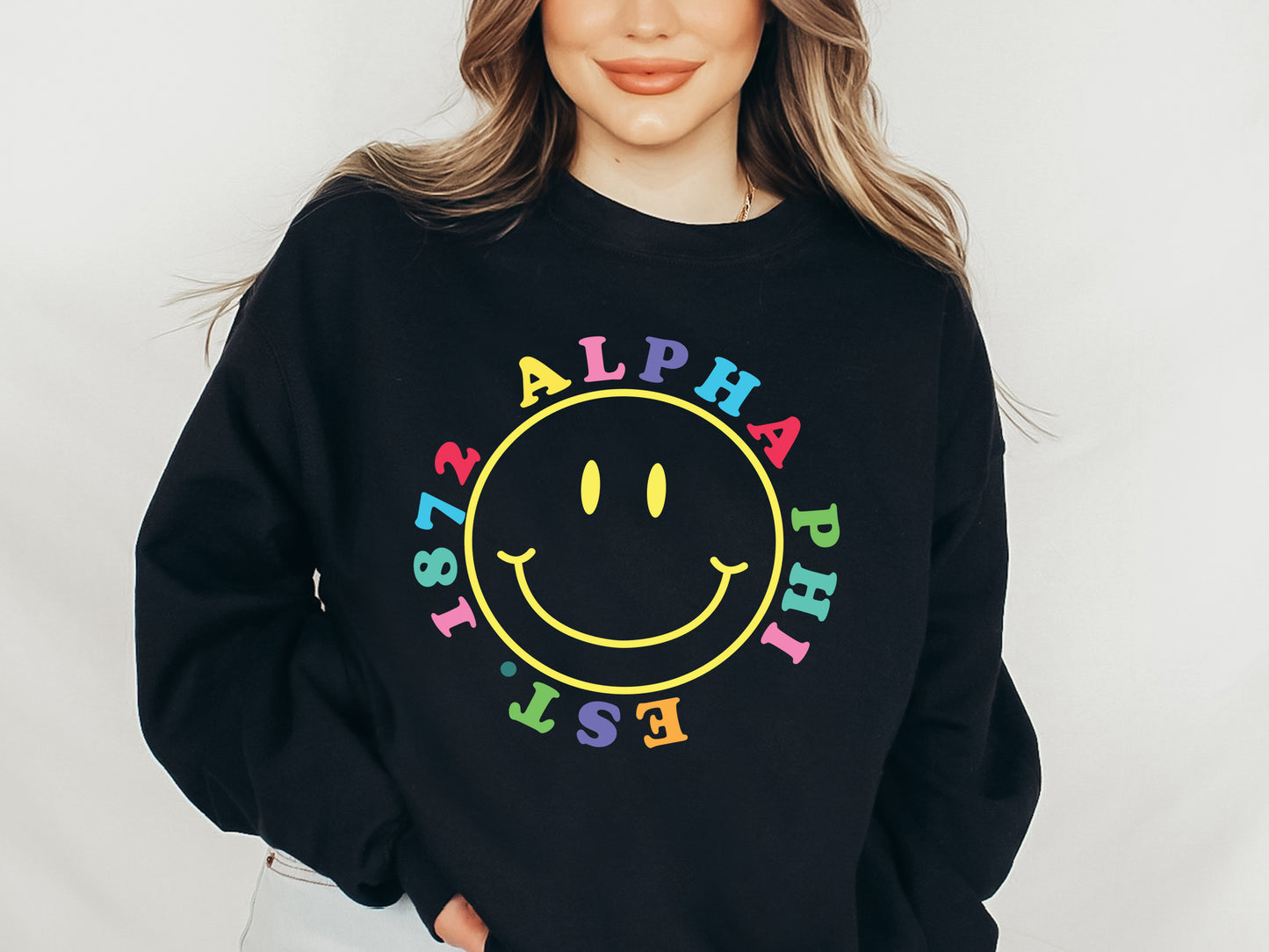 Alpha Phi Radiating Smiley Face Sorority Sweatshirt _ 3232g