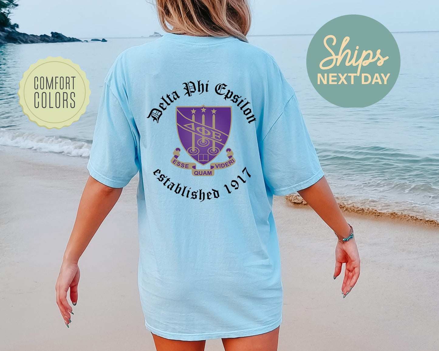 Delta Phi Epsilon Old English Crest Comfort Colors Sorority T-shirt _ 32932g