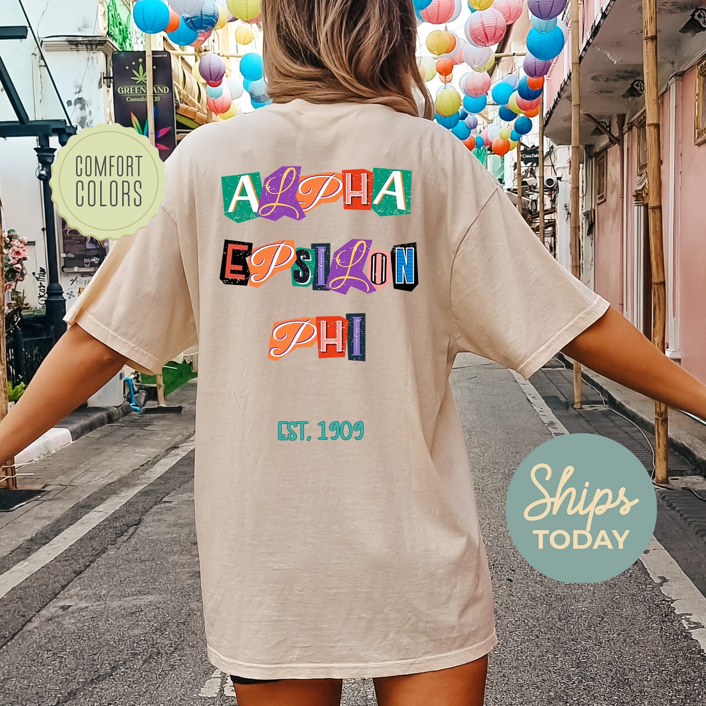 Alpha Epsilon Phi Letter Cuts Comfort Colors Sorority T-shirt _ 35889g