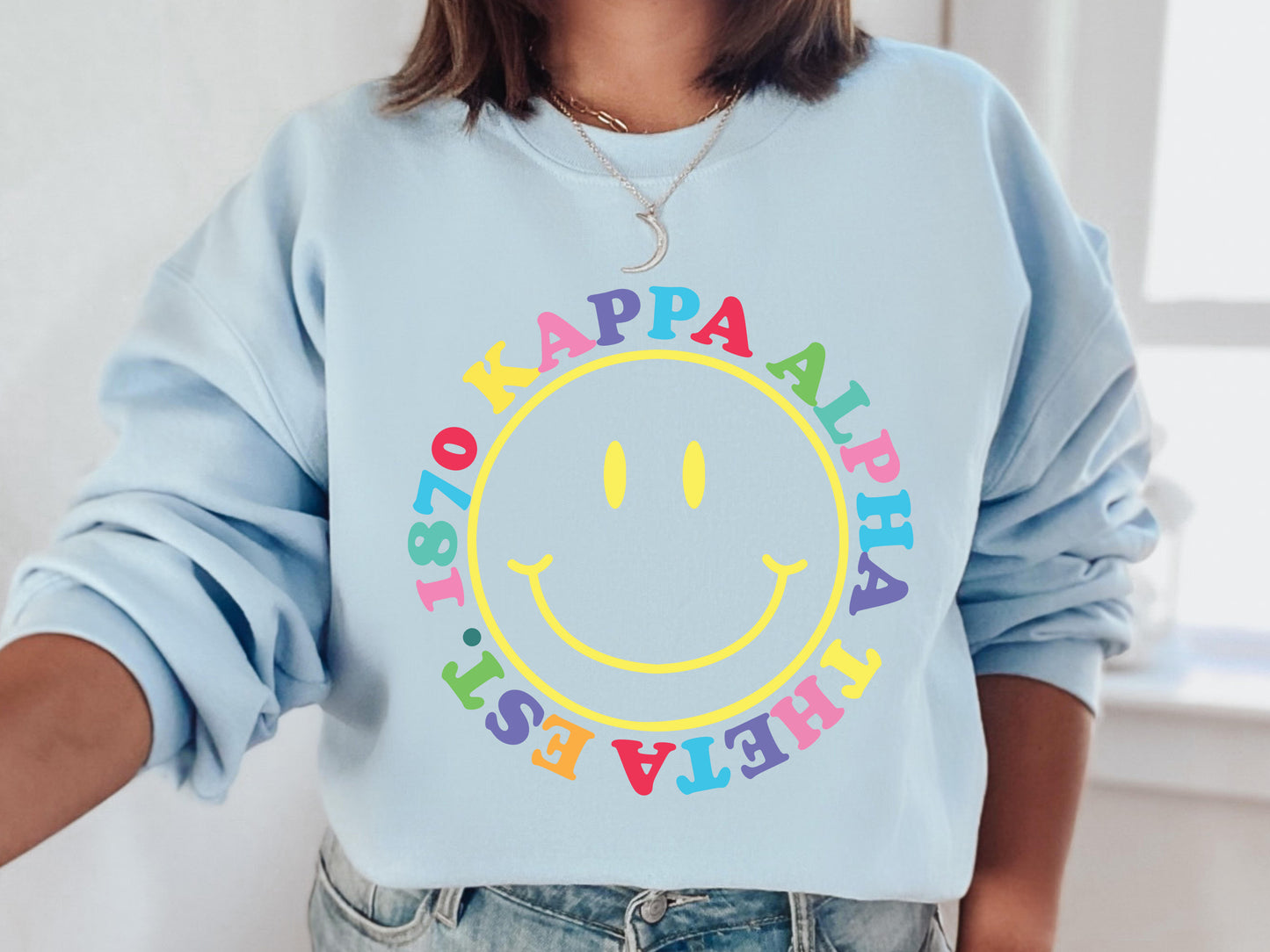 Kappa Alpha Theta Radiating Smiley Face Sorority Sweatshirt _ 3244g