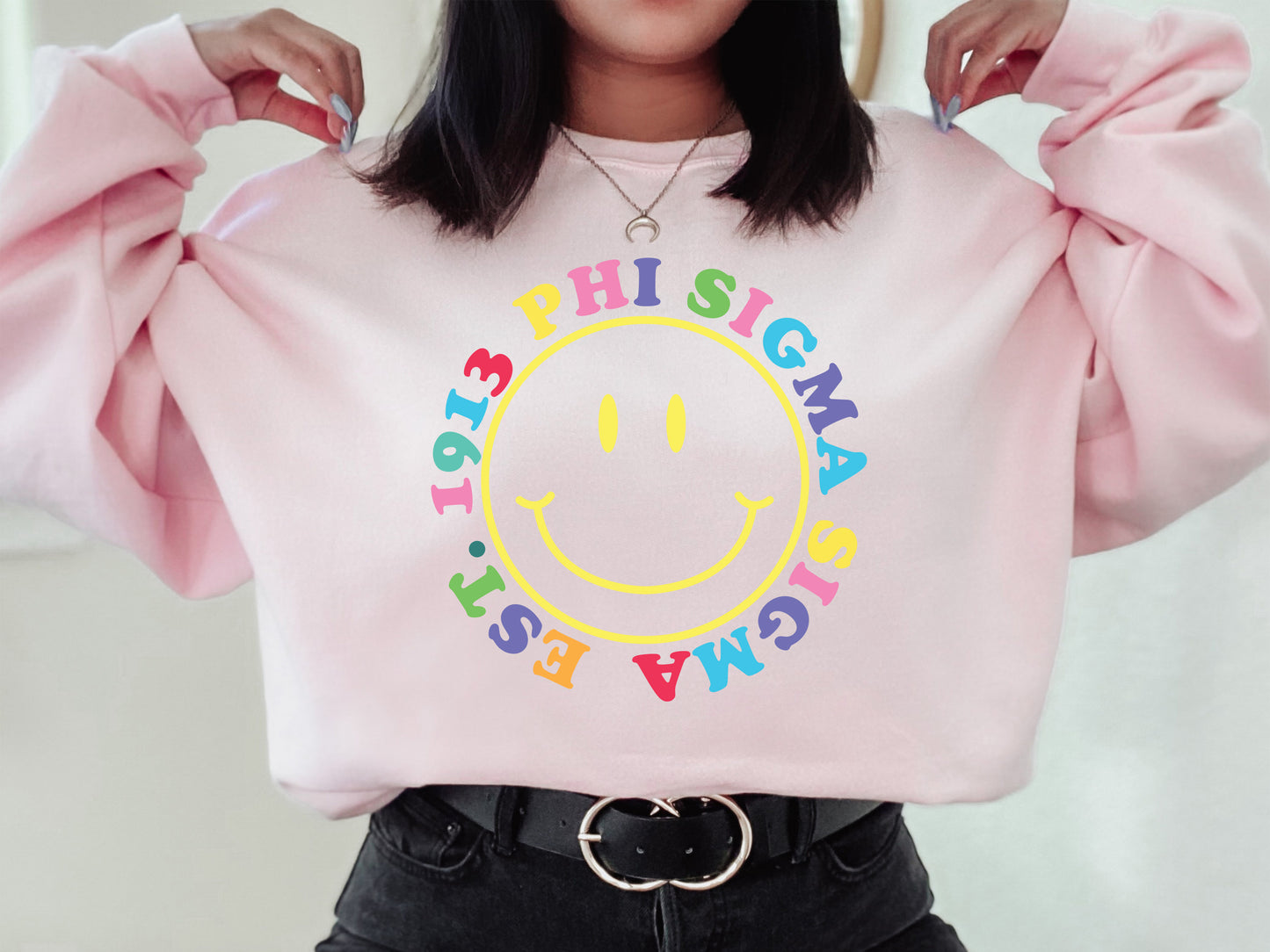 Phi Sigma Sigma Radiating Smiley Face Sorority Sweatshirt _ 3248g