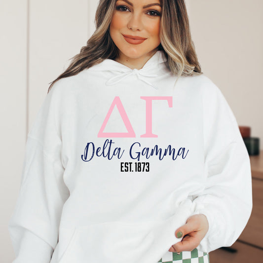 a woman wearing a white hoodie with pink letters