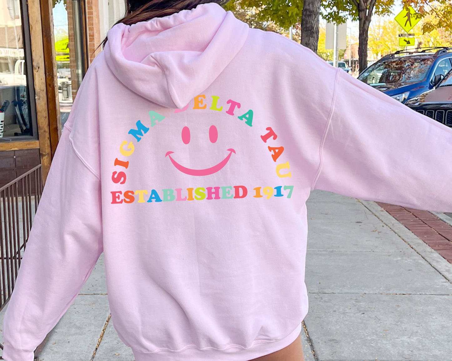Sigma Delta Tau Gleaming Smiley Face Sorority Hoodie _ 33071g