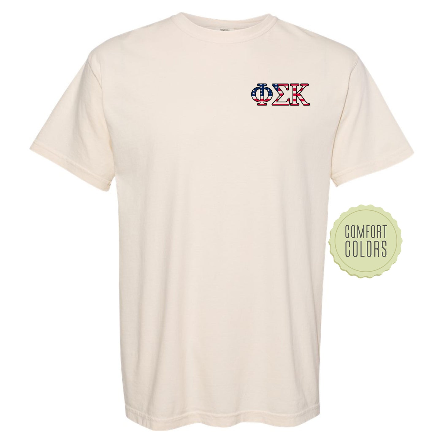 a white t - shirt with a red, white, and blue logo