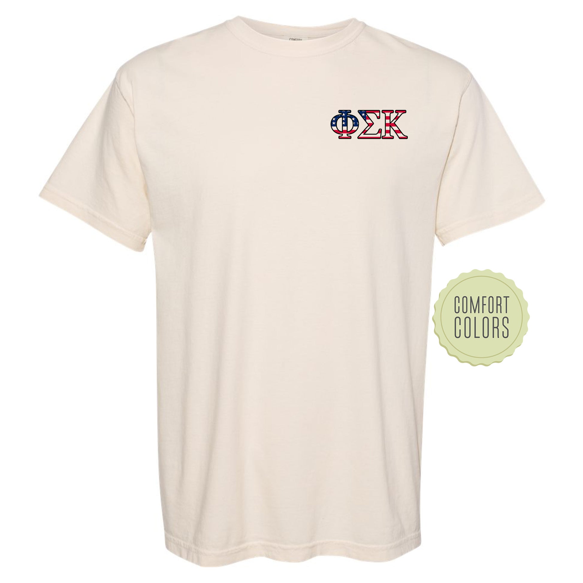 a white t - shirt with a red, white, and blue logo