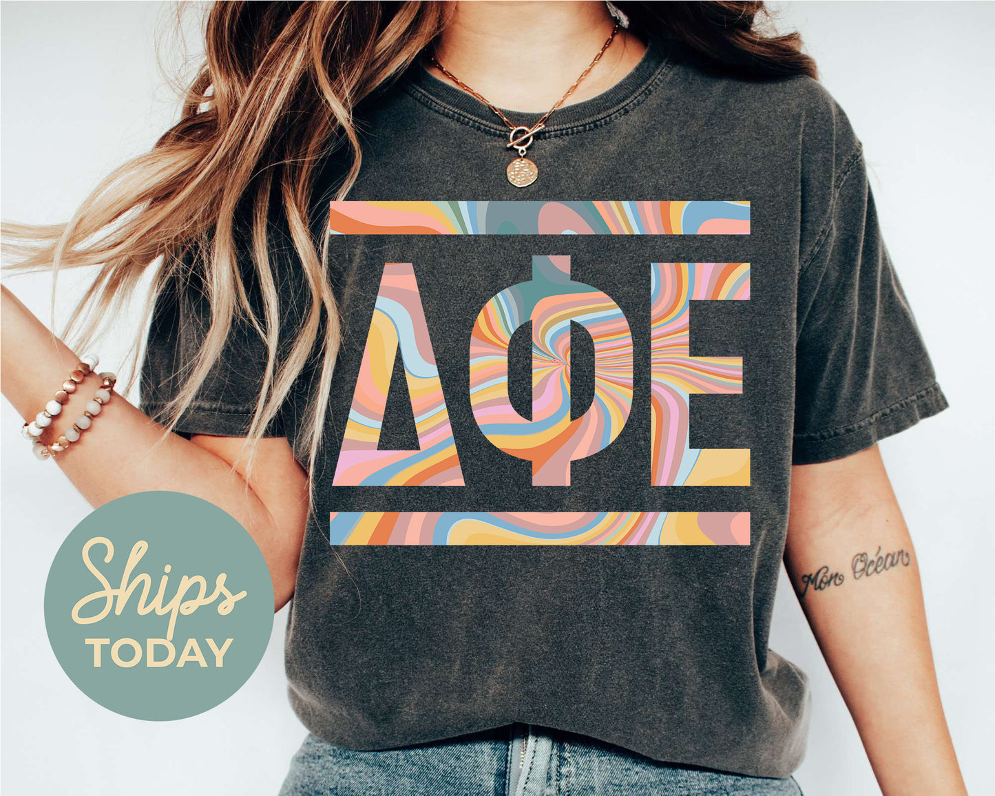 Delta Phi Epsilon Multicolor Letters Sorority T-shirt _ 30473g