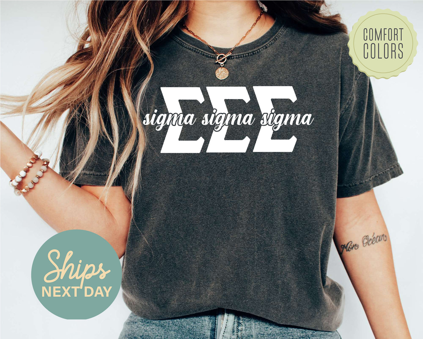 Sigma Sigma Sigma Sliced White Letters Comfort Colors Sorority T-shirt _ 2261g