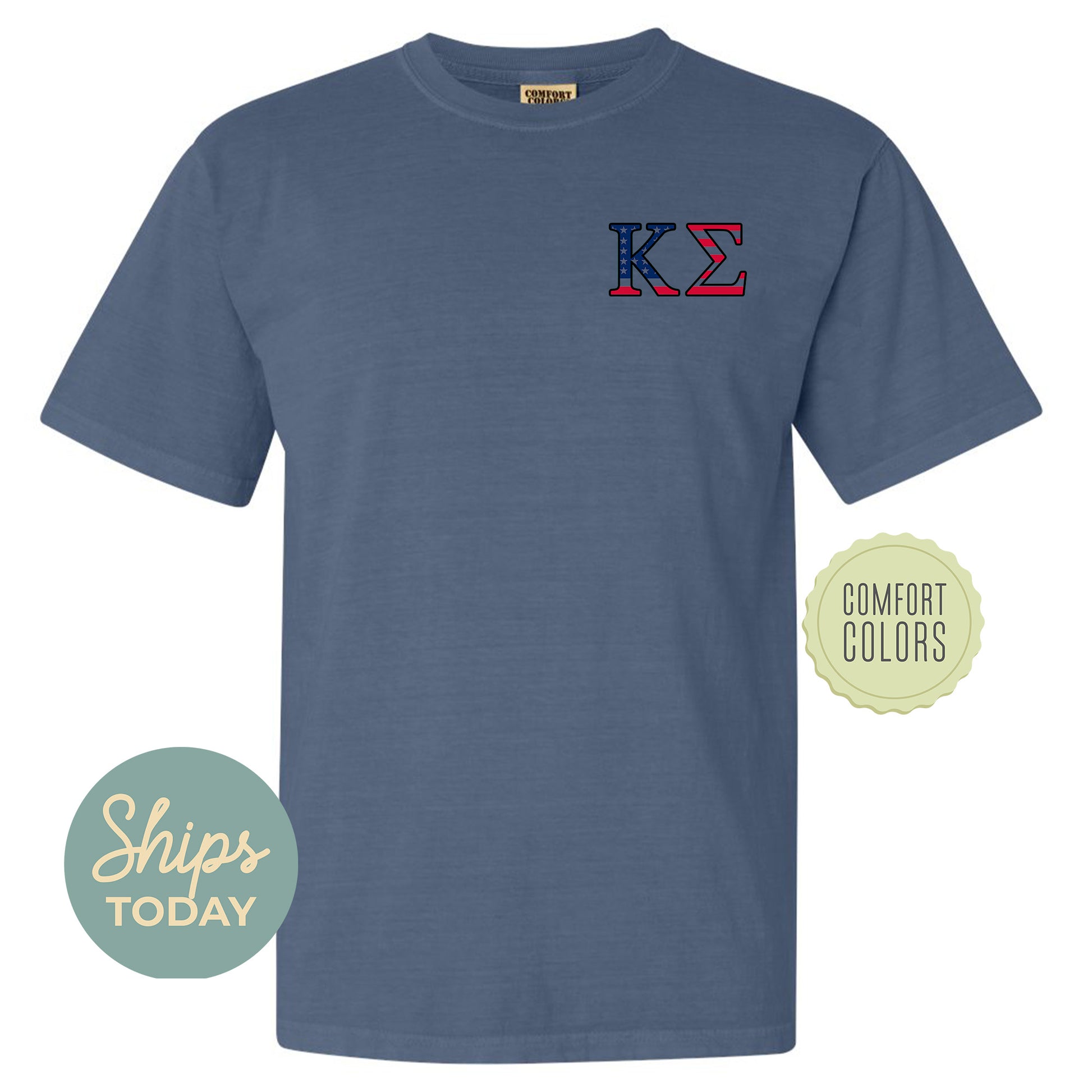 a blue t - shirt with the letter k on it