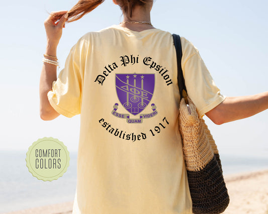 Delta Phi Epsilon Old English Crest Comfort Colors Sorority T-shirt _ 32932g