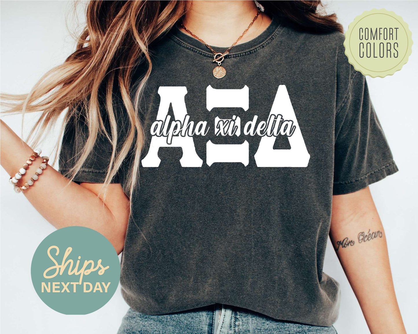 Alpha Xi Delta Sliced White Letters Comfort Colors Sorority T-shirt _ 2246g