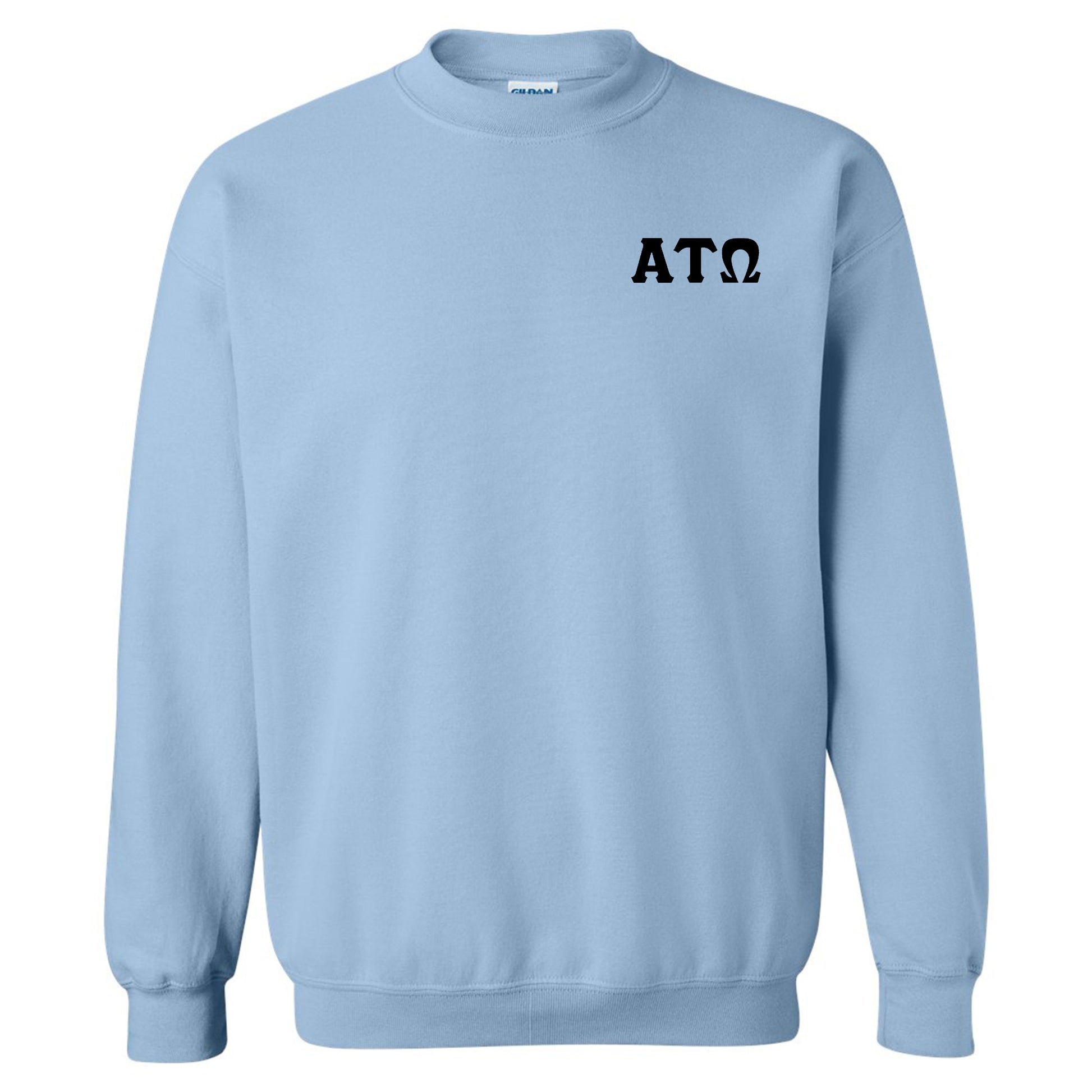 a light blue sweatshirt with the word ato printed on it