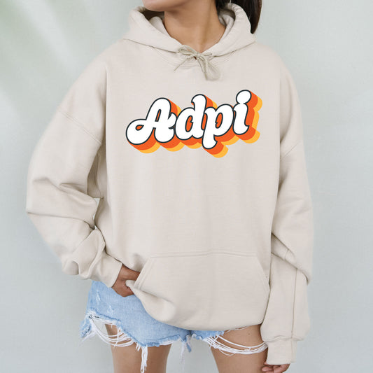 a woman wearing a hoodie with the word adpi printed on it