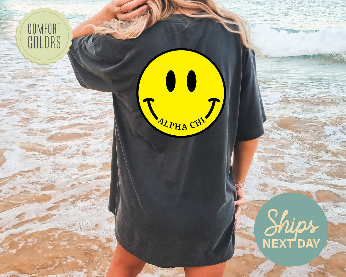 Alpha Chi Omega Smiley Face Comfort Colors Sorority T-shirt _ 32842g
