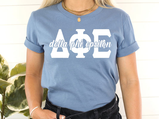 Delta Phi Epsilon Sliced White Letters Sorority T-shirt _ 2250g