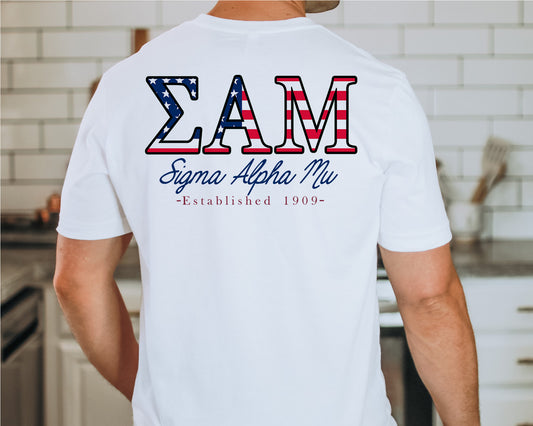 Sigma Alpha Mu USA Flag Letters Fraternity T-shirt _ 33443g