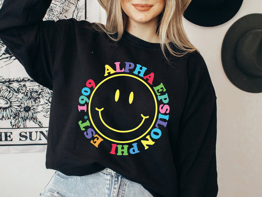 Alpha Epsilon Phi Radiating Smiley Face Sorority Sweatshirt _ 3229g