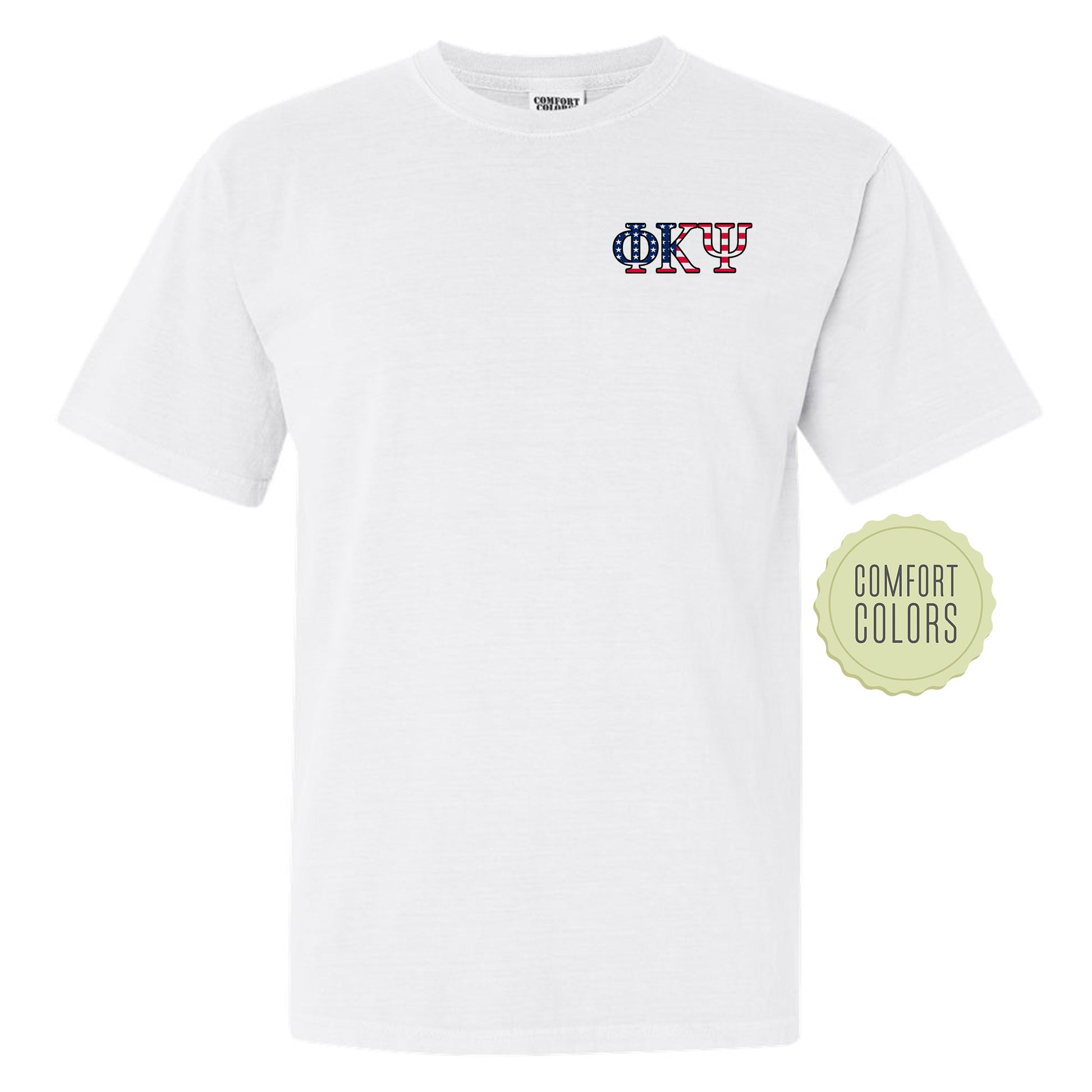 a white t - shirt with a red, white, and blue logo