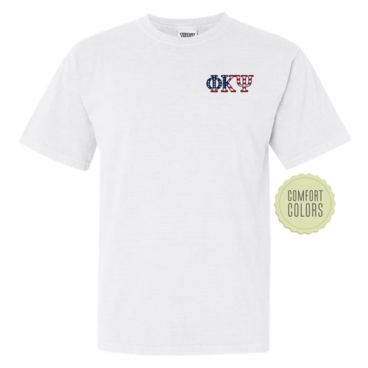 a white t - shirt with a red, white, and blue logo