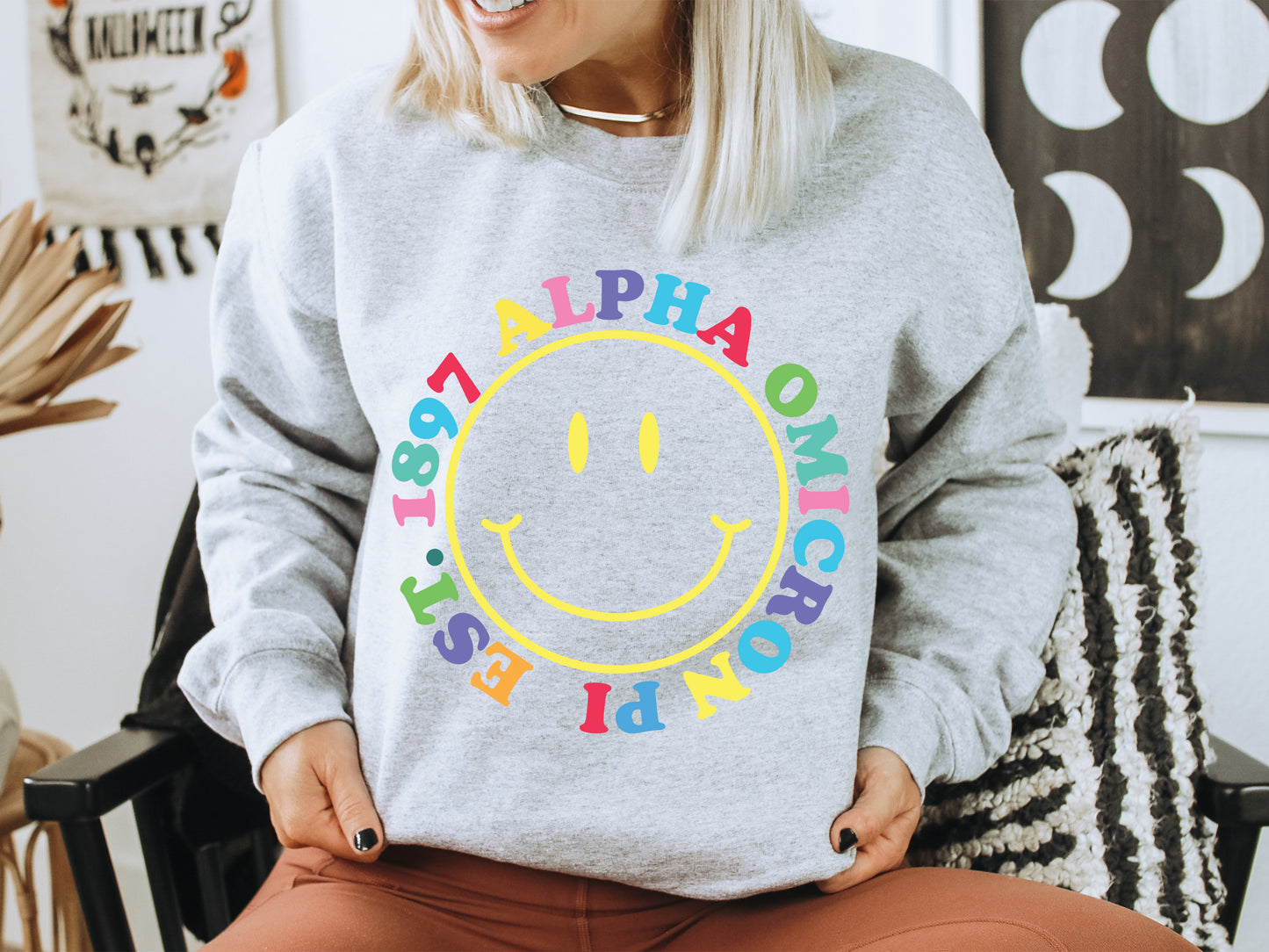 Alpha Omicron Pi Radiating Smiley Face Sorority Sweatshirt _ 3231g