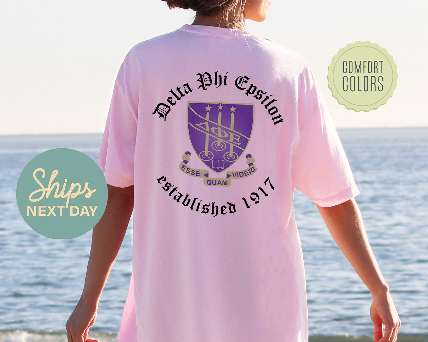 Delta Phi Epsilon Old English Crest Comfort Colors Sorority T-shirt _ 32932g
