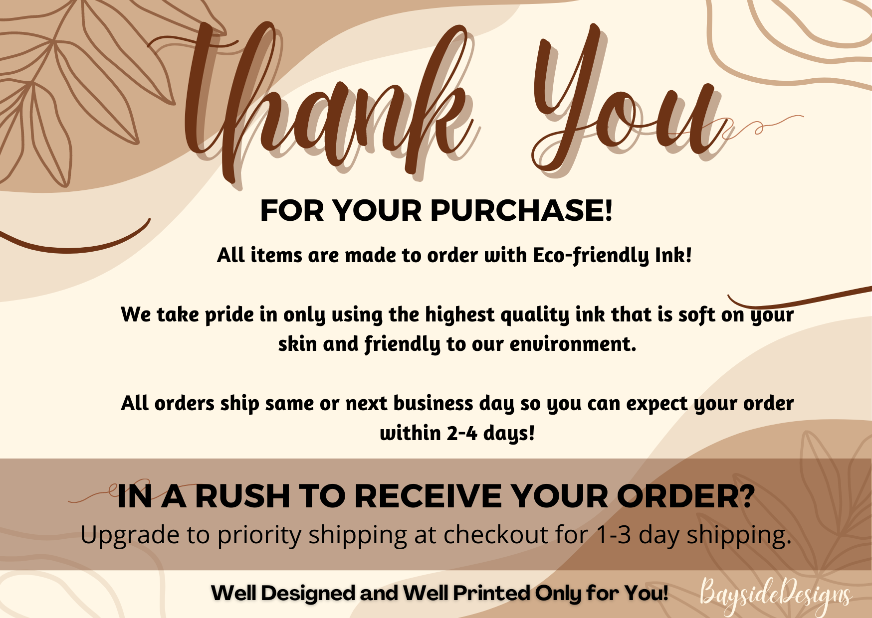 a thank card with the words thank you for your purchase