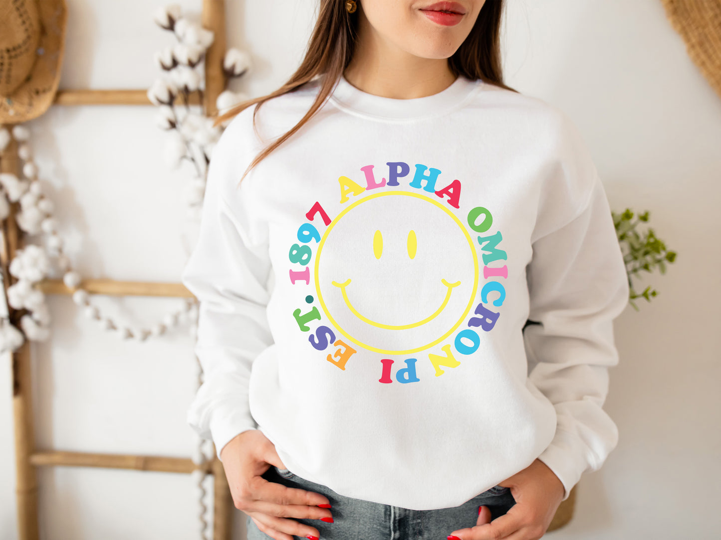 Alpha Omicron Pi Radiating Smiley Face Sorority Sweatshirt _ 3231g