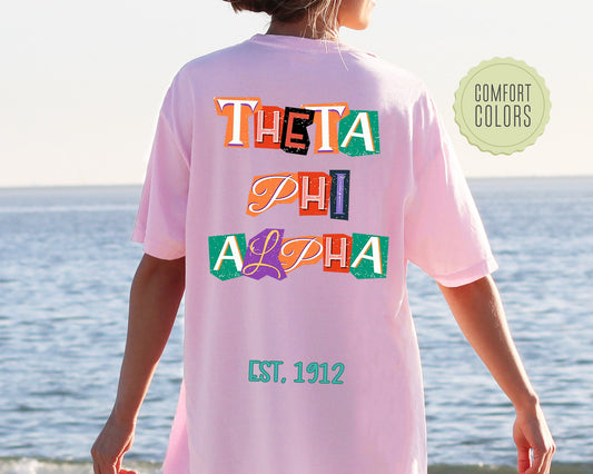 Theta Phi Alpha Letter Cuts Comfort Colors Sorority T-shirt _ 35910g