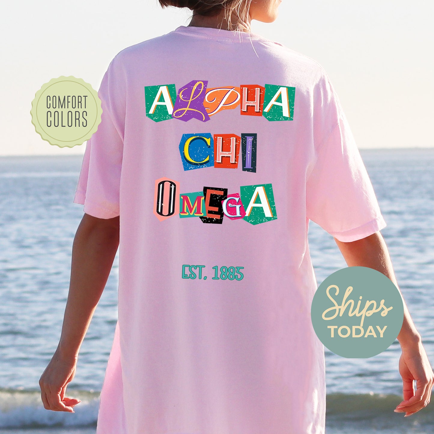 Alpha Chi Omega Letter Cuts Comfort Colors Sorority T-shirt _ 35887g