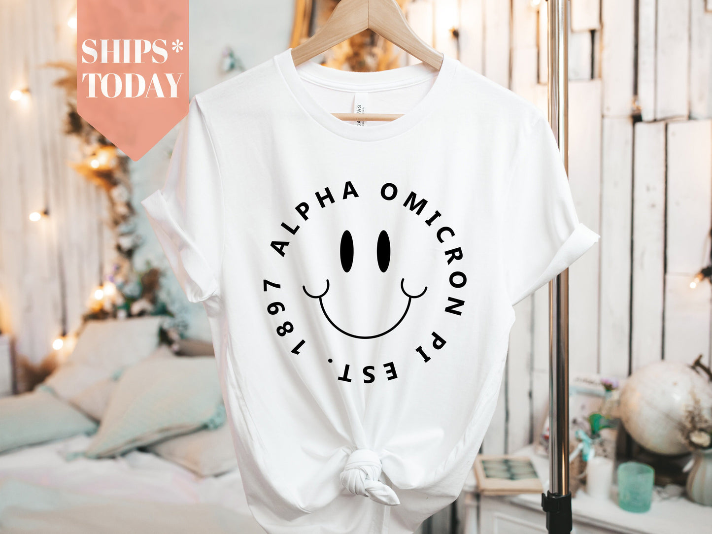 Alpha Omicron Pi Smiley Face Halo Sorority T-shirt _ 2503g