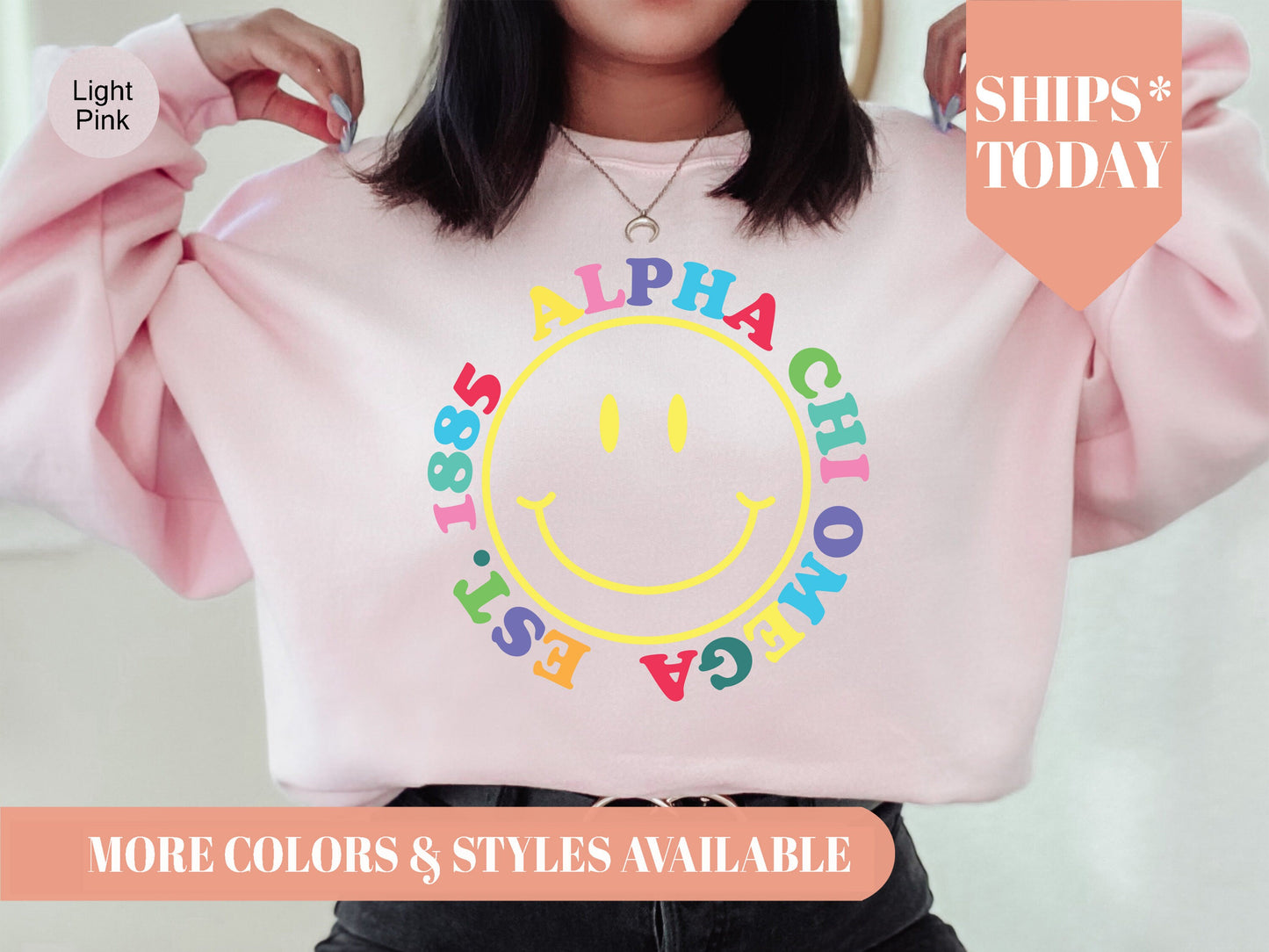 Alpha Chi Omega Radiating Smiley Face Sorority Sweatshirt _ 3227g