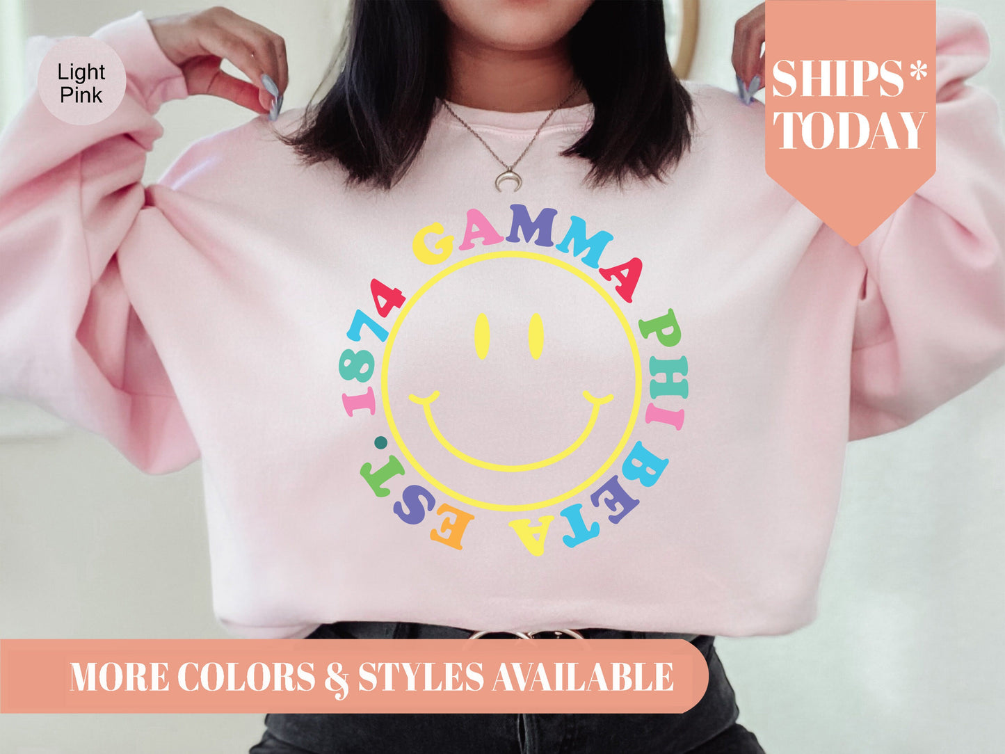 Gamma Phi Beta Radiating Smiley Face Sorority Sweatshirt _ 3241g
