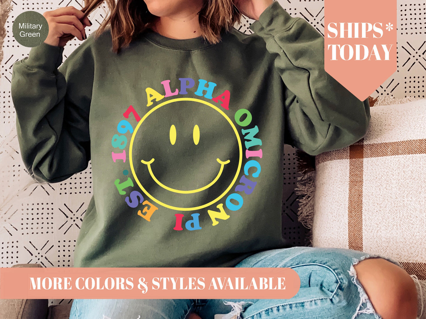 Alpha Omicron Pi Radiating Smiley Face Sorority Sweatshirt _ 3231g