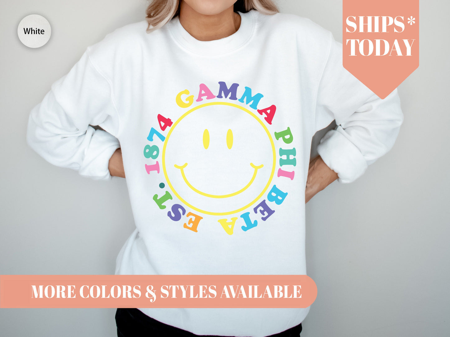 Gamma Phi Beta Radiating Smiley Face Sorority Sweatshirt _ 3241g