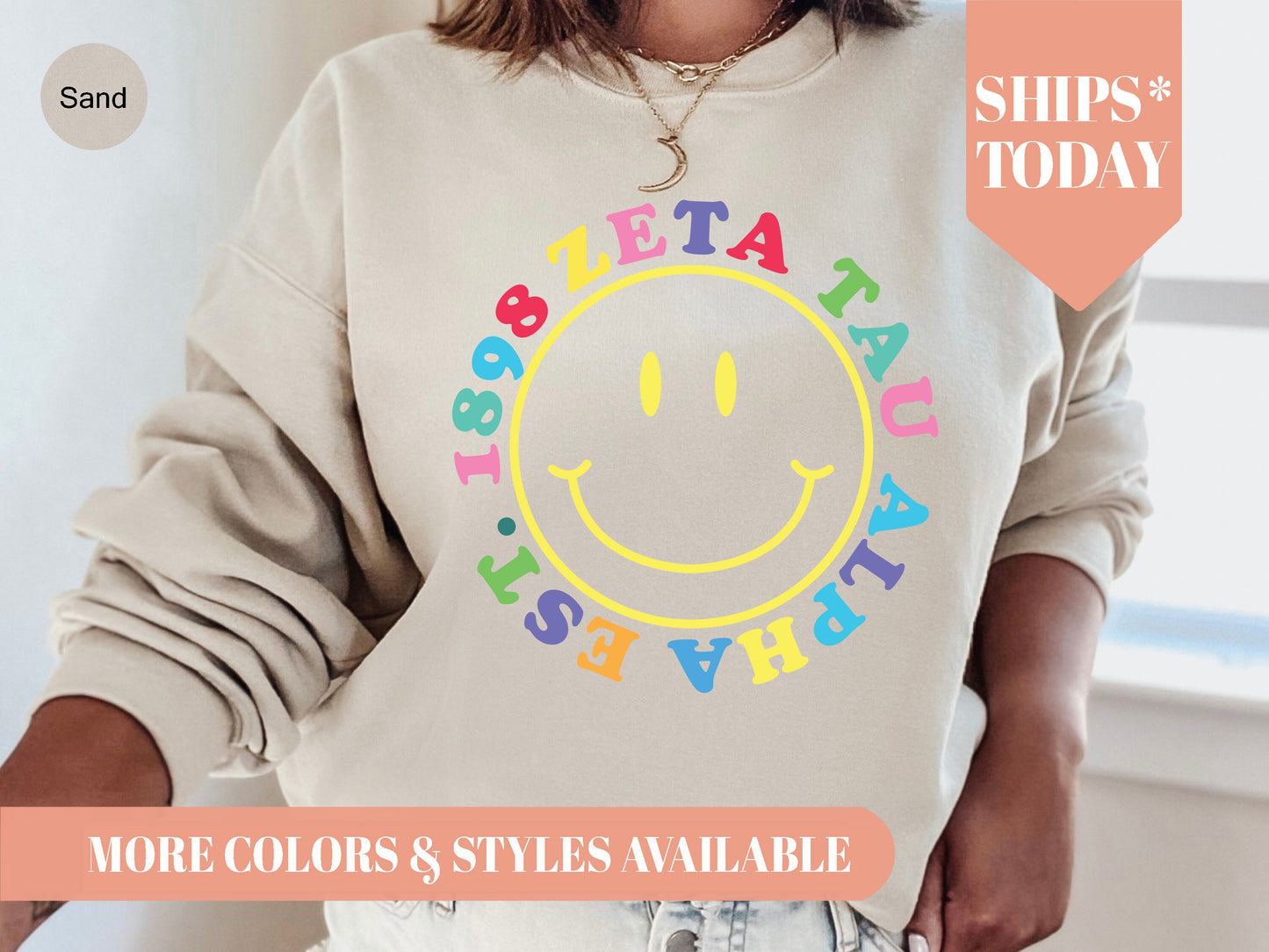 Zeta Tau Alpha Radiating Smiley Face Sorority Sweatshirt _ 3254g