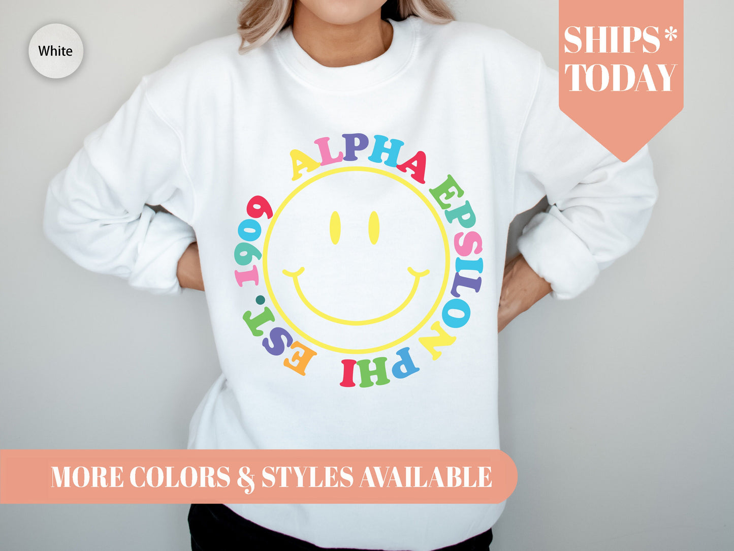 Alpha Epsilon Phi Radiating Smiley Face Sorority Sweatshirt _ 3229g